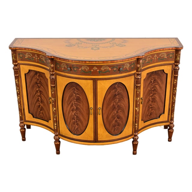 Late 20th Century French Regency Louis XVI Inlaid Flame Mahogany Hand Painted Sideboard or Bar Cabinet For Sale