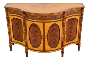 Late 20th Century French Regency Louis XVI Inlaid Flame Mahogany Hand Painted Sideboard or Bar Cabinet