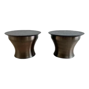 Pair of Karl Springer Rain Drum Occasional Tables in Bronze With Slate Top, 1970s