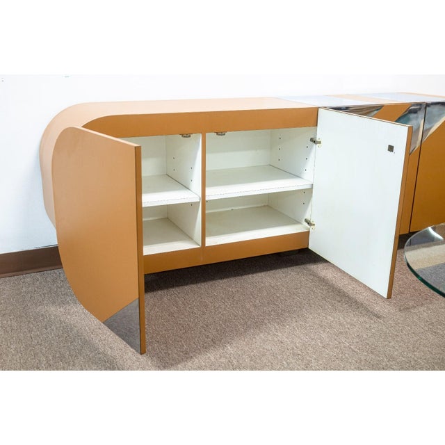 2010s Custom Made Beige Laminate and Chrome Striped Credenza Sideboard For Sale - Image 5 of 7