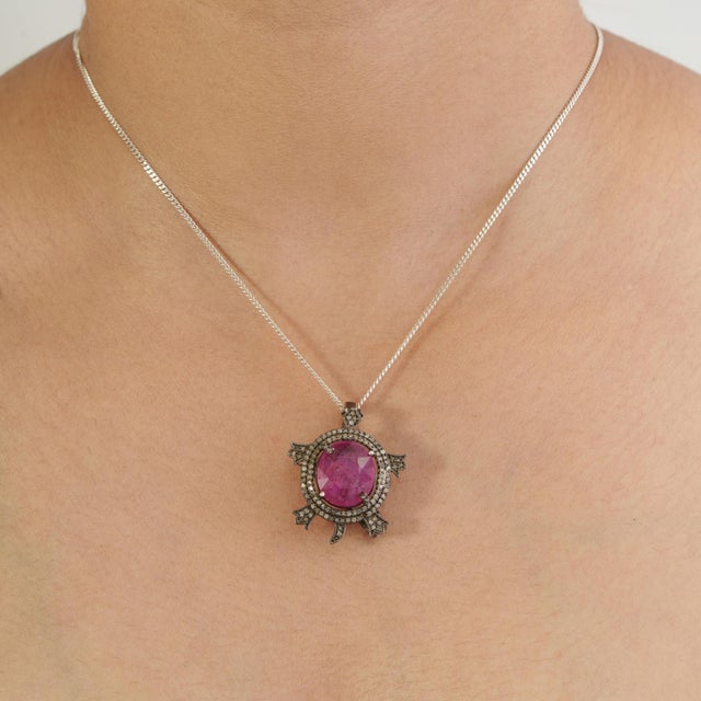 8 Carat Ruby & Diamond Pavé Turtle Animal Brooch Cum Pendant in 925 Sterling Silver For Sale - Image 4 of 15