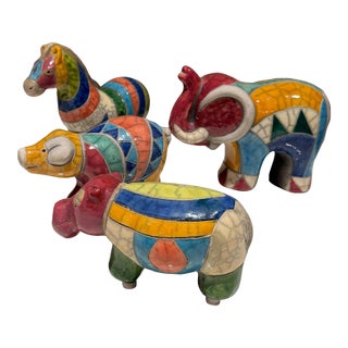 South African Fenix Raku. Hand Made Ceramic Pottery Rainbow Animals- Set of 4 For Sale