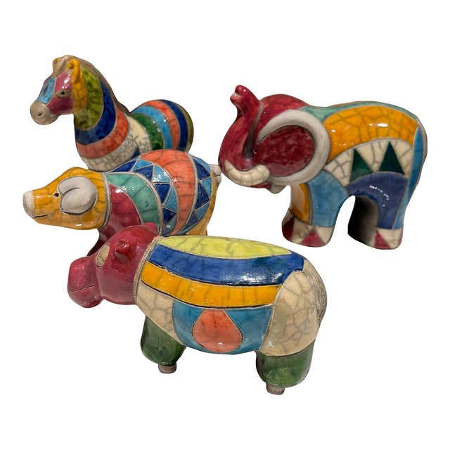 South African Fenix Raku. Hand Made Ceramic Pottery Rainbow Animals- Set of 4 For Sale