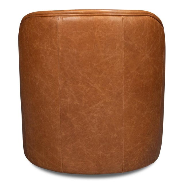 2020s Barrel-Back Swivel Lounge Chair, Chestnut Brown Leather For Sale - Image 5 of 12