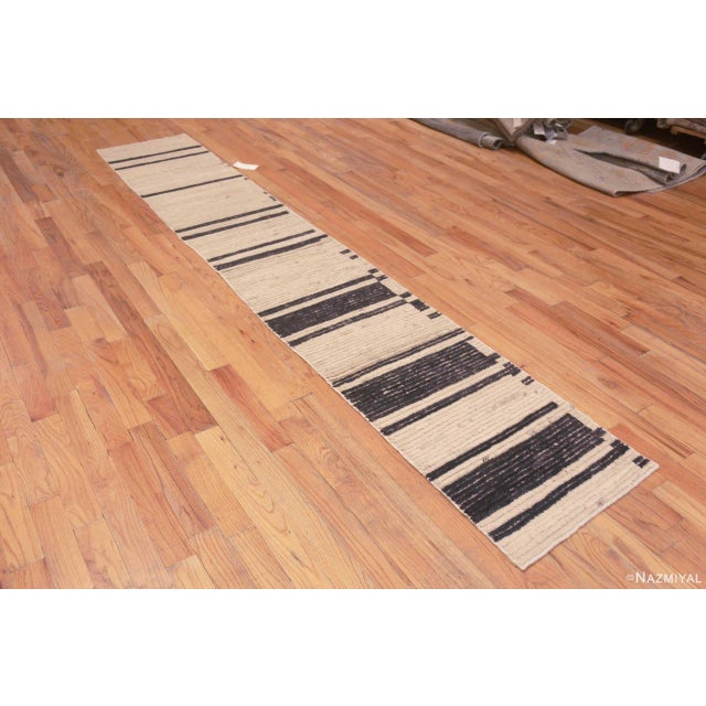 A Long and Narrow Minimalist Primitive Pattern Cream and Charcoal Color Modern Hallway Runner Rug, Country of Origin:...