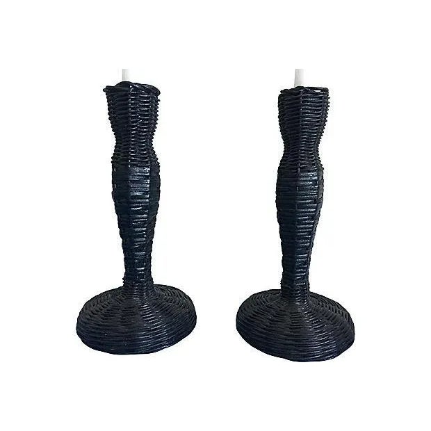 Black Mid-Century Black Wicker Candlesticks - a Pair For Sale - Image 8 of 10