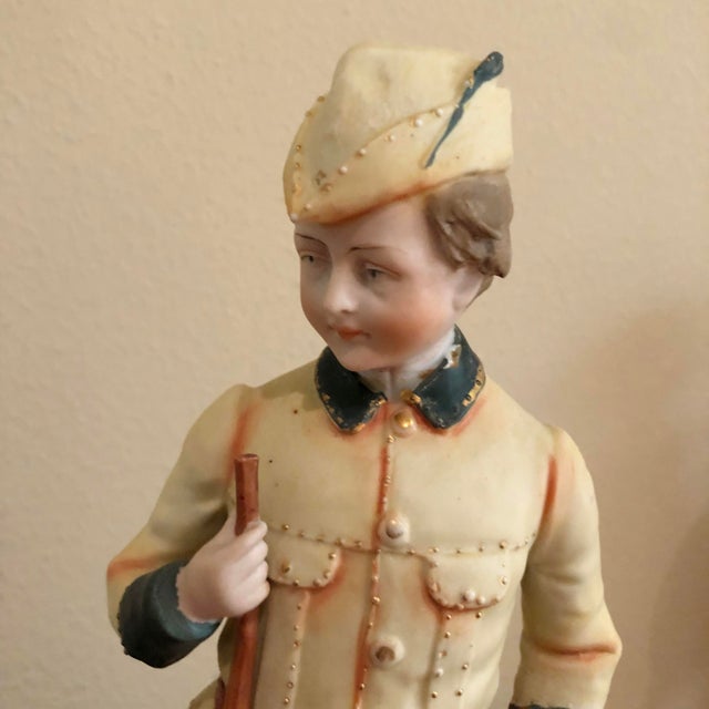 Ceramic Antique Bisque Porcelain Figurine Pair - Victorian Hunter Boy & Lady For Sale - Image 7 of 11