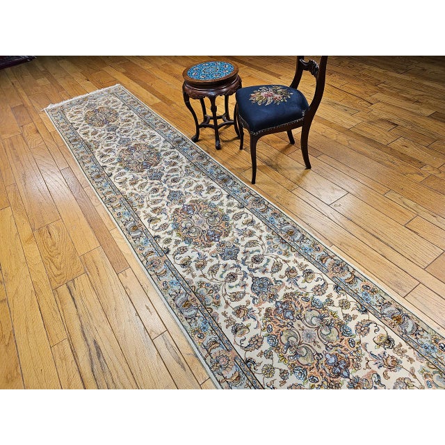 Persian Fine Tabriz Runner, Hand-Knotted Wool & Silk, Floral Medallion Pattern, Ivory & Pale Sage, 3x13 For Sale - Image 3 of 15