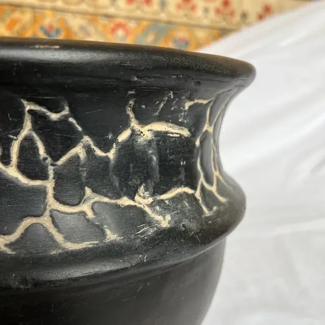 1990s Hand-Painted Black Clay Pot/Vase Featuring Cracked Design For Sale - Image 4 of 9