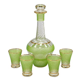 Mid-Century Green Frosted Glass & Gold Gilt Decanter With 4 Cordial Glasses, 5-Piece Set For Sale