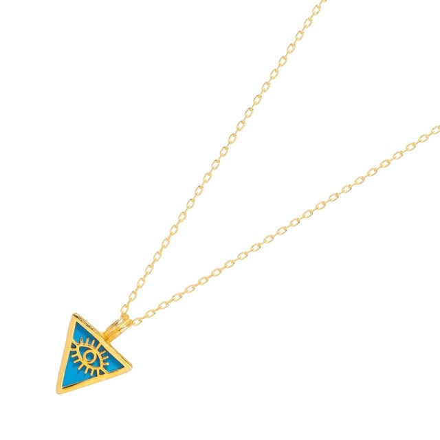 Contemporary Turquoise & Gold Triangle Pendant Evil Eye Talisman Necklace For Sale - Image 3 of 10