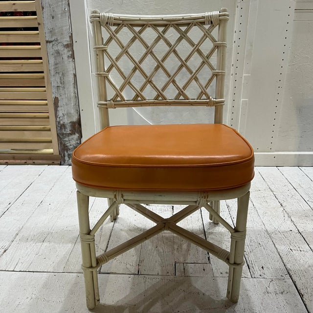 1980s 1980s White Rattan Bamboo Table and Chair Set with Flip Top to Expand From Game Size to Dining Table - Set of 5 For Sale - Image 5 of 13