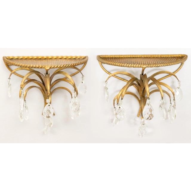 Mid-Century Hollywood Regency Italian Gilt Tole & Crystals Wall Brackets Shelves - a Pair For Sale - Image 9 of 9