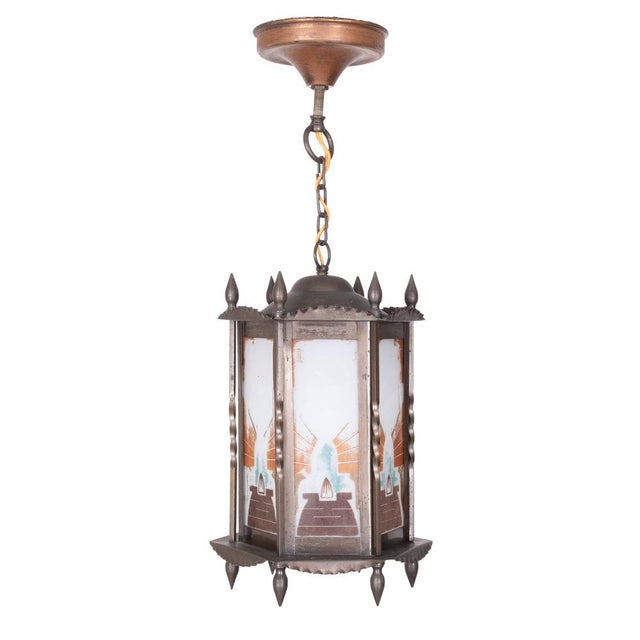 Amsterdam School Art Deco Hexagonal Hallway Lamp with Painted Glass, 1920 For Sale - Image 14 of 14