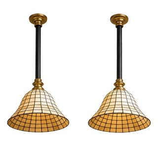 20th Century Tiffany Stained Glass Pendant Lights, 1950s, Set of 2 For Sale