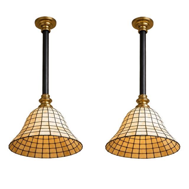 20th Century Tiffany Stained Glass Pendant Lights, 1950s, Set of 2 For Sale