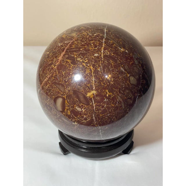 Vintage 6.5” Brown Amber Marble Ball Sphere Orb on Lacquered Wood Stand For Sale - Image 10 of 12