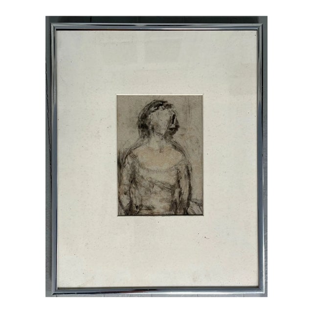 Mid-Century Modern Charcoal Drawing Portrait of a Woman For Sale
