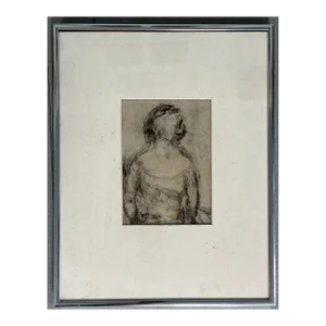 Mid-Century Modern Charcoal Drawing Portrait of a Woman