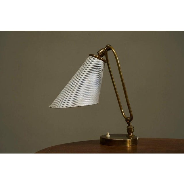 Vintage French Table Lamp in Patinated Brass and Perforated Metal by Mathieu Matégot, 1950s For Sale - Image 11 of 14