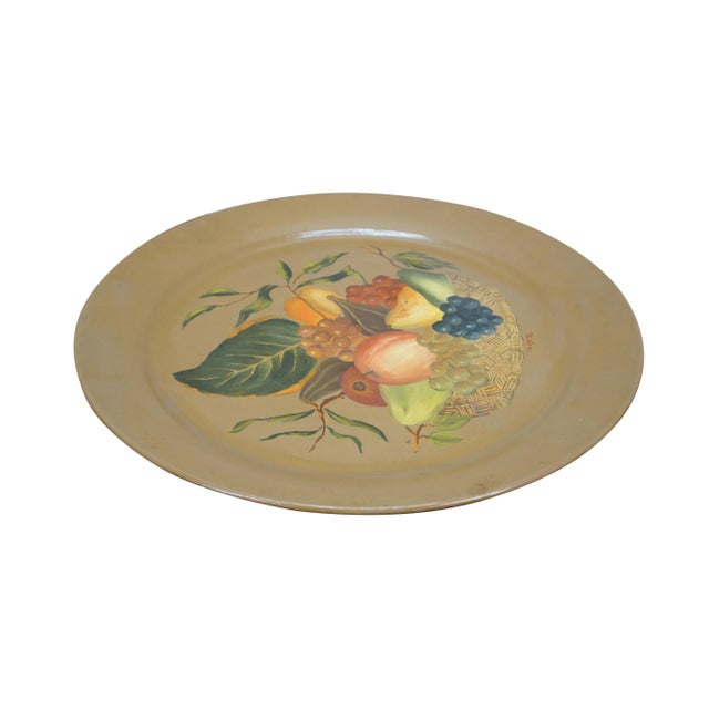 Farmhouse Mid 20th Century Helen McRae Round Hand Painted Fruit Basket Toleware Tray Charger For Sale - Image 3 of 11