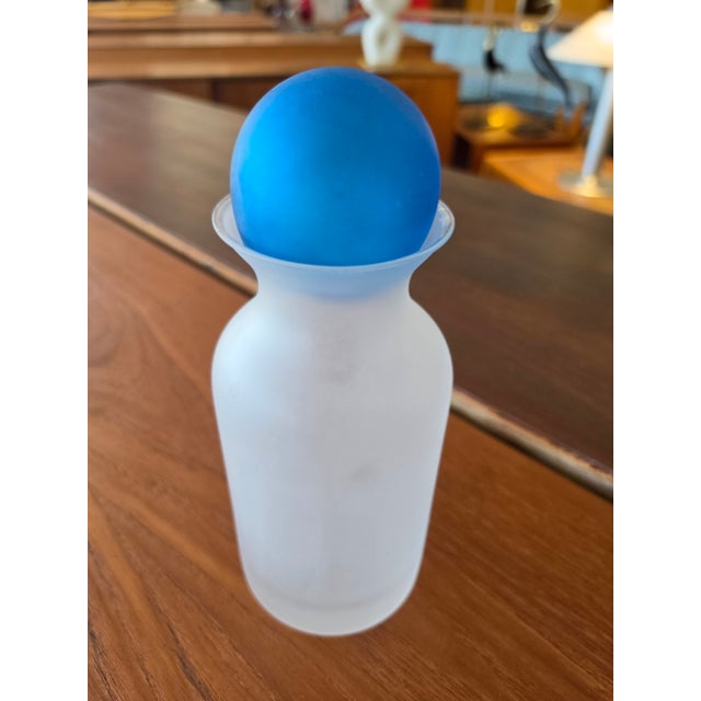Vintage Frosted Glass Decanter / Bottle With Cobalt Blue Ball Stopper For Sale - Image 14 of 14