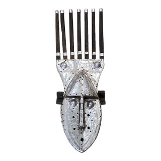 Vintage African Bamana Ntomo Marka Mask W/ Aluminum 21" H For Sale