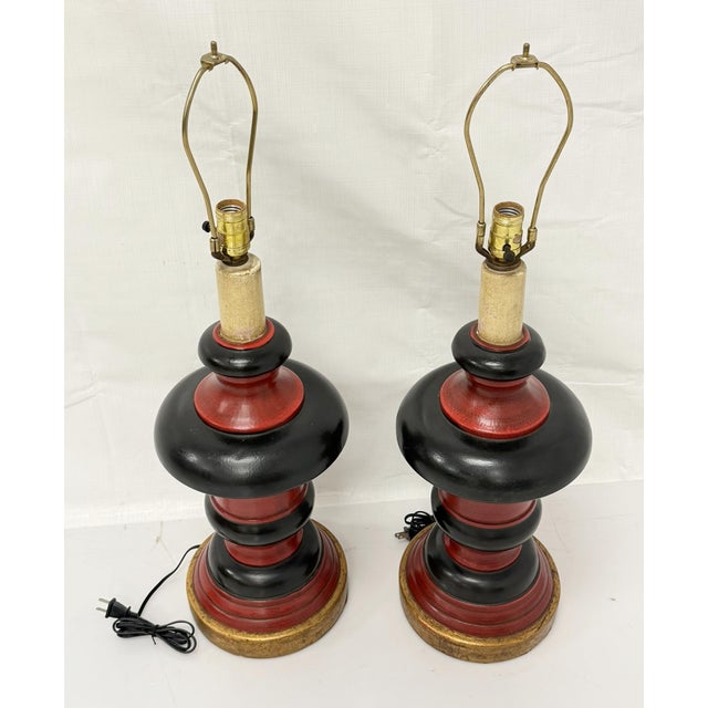 Ceramic 1960s Red Black & Gilt Ceramic Table Lamps, American Modern - a Pair For Sale - Image 7 of 18