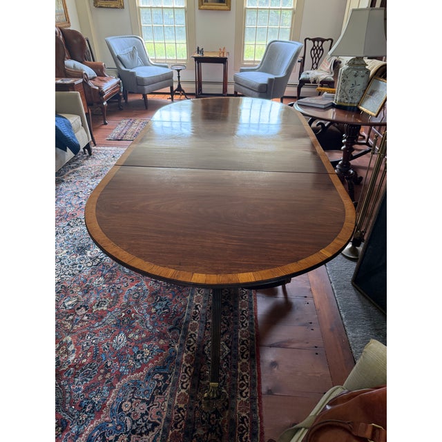 Early 19th Century Antique Grand Regency-Style Three-Pedestal Mahogany Dining Suite, Seats 12 — Table + 10 Chairs — Brass Paw Casters For Sale - Image 5 of 10