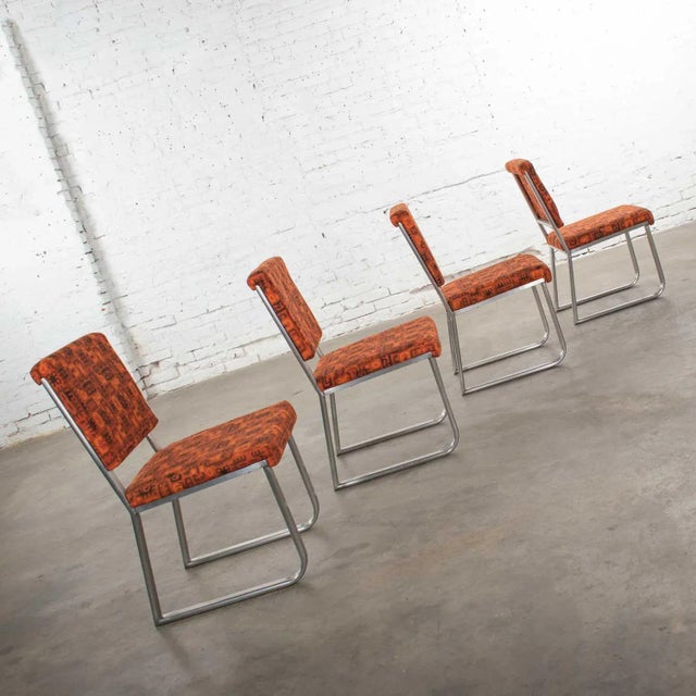 Art Deco to Streamline Modern Railroad Dining Car Chairs in Stainless Steel & Orange Abstract Upholstery For Sale - Image 9 of 12