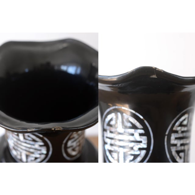 Large Vintage 1960s Vietnamese Black Lacquer & Mother of Pearl Floor Vases - A Pair For Sale - Image 15 of 15