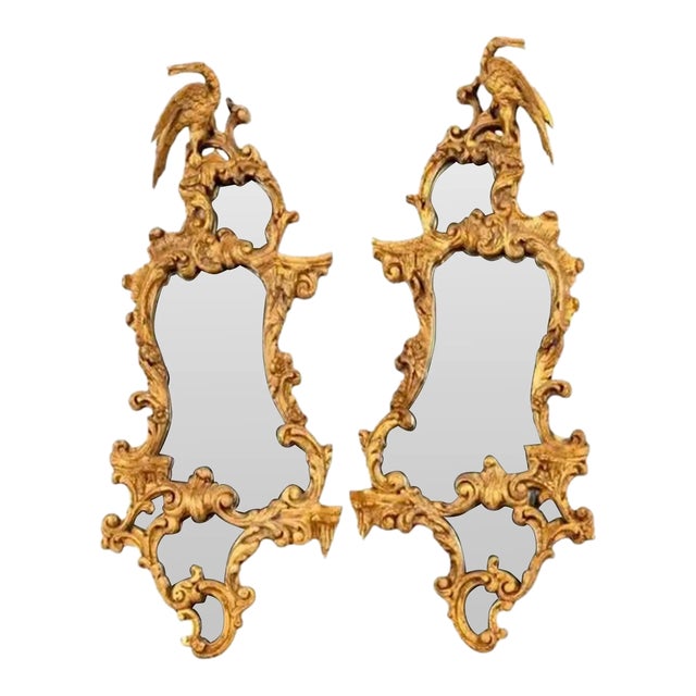 Chinese Chippendale Giltwood Mirrors With Phoenix Bird a Pair For Sale