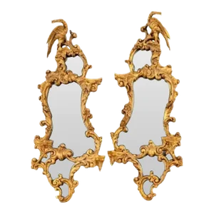 Chinese Chippendale Giltwood Mirrors With Phoenix Bird a Pair