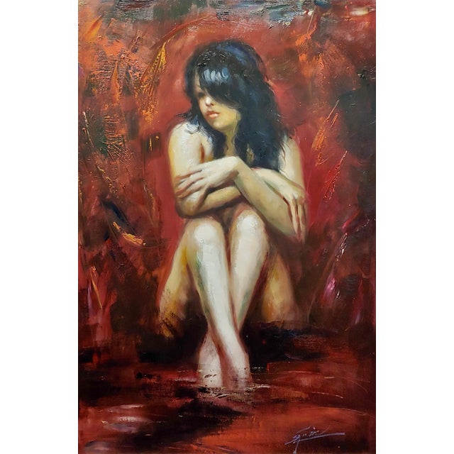 American Henry Asencio -Dark Hair Woman Seated Nude-Painting on Canvas For Sale - Image 3 of 9