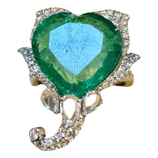 13 Ct Zambian Heart Cut Emerald & 1.5 Ct Diamond Ring, 18 Kt Gold Size 8.5 For Sale