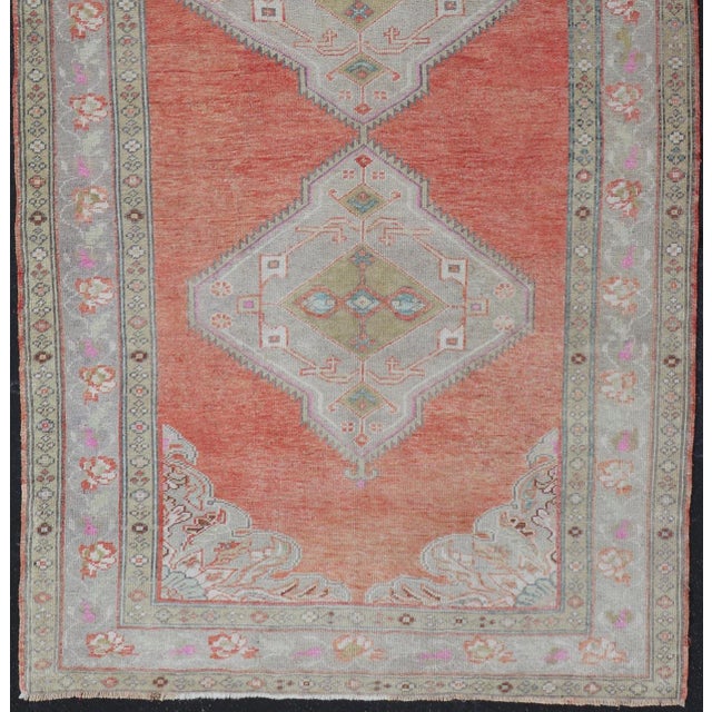 Colorful and Calm medallion vintage Oushak gallery runner from Turkey with Geometric Medallion Design, Keivan Woven Arts...
