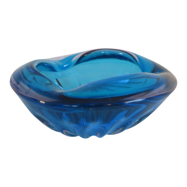 Mid Century Bright Blue Murano Glass Bowl With Starburst Ribbing For Sale