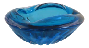 Mid Century Bright Blue Murano Glass Bowl With Starburst Ribbing