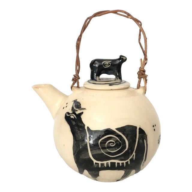 Artisan Teapot Hand Crafted Farm Livestock Black on White Cows & Birds Signed So For Sale