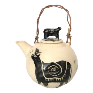 Artisan Teapot Hand Crafted Farm Livestock Black on White Cows & Birds Signed So