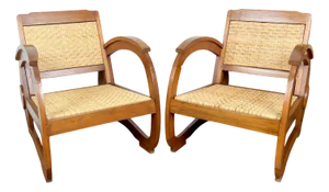Art Deco Teak Armchairs with Woven Rattan Seats, 1920s, Set of 2