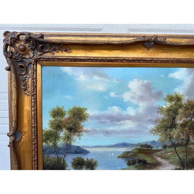Late 19th Century John Pollins "Tree Line Trails Lake With Sailboats" Oil Painting Framed For Sale - Image 4 of 12