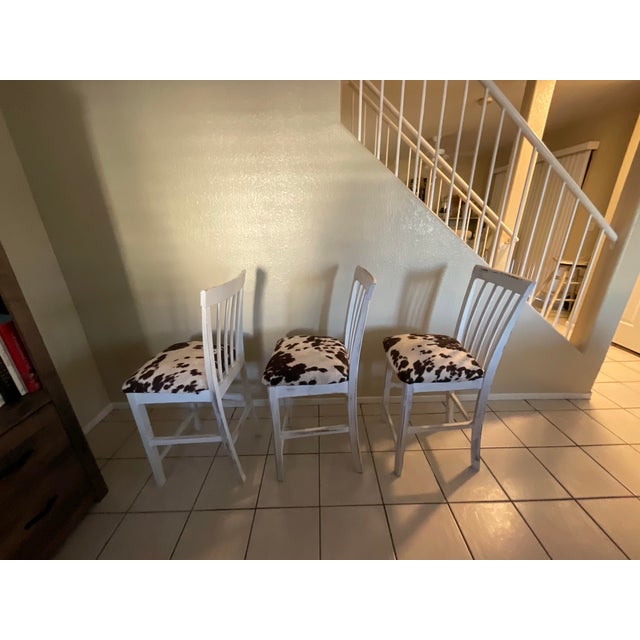 Rustic Farmhouse Whitewash Bar Stools W/ Cowhide Upholstered Seats Set of 3 For Sale - Image 4 of 12