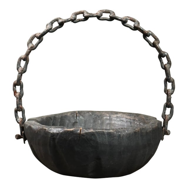 Vintage Brutalist Ebonized Hand Carved Bowl With Iron Chainlink Handle For Sale