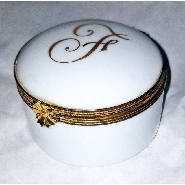 Lovely Limoges Porcelain trinket box by Limoges Ducal, c. 1950s, hand painted gold monogram 'F" in 23k gold trim and gold...
