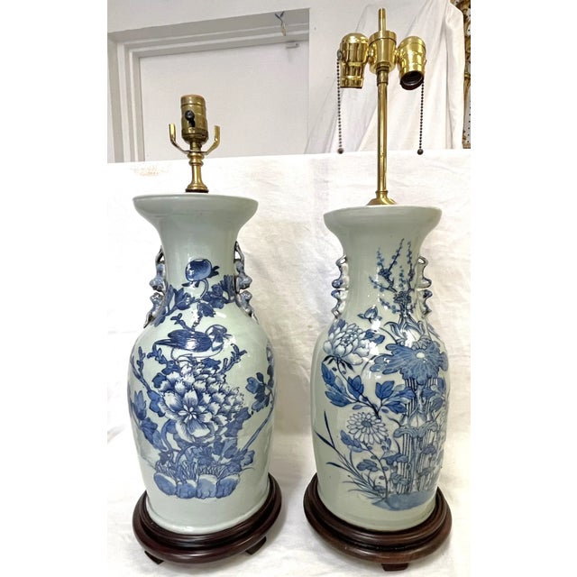 Vintage Hand Painted Celadon Vases Converted to Lamps- a Pair For Sale - Image 13 of 13