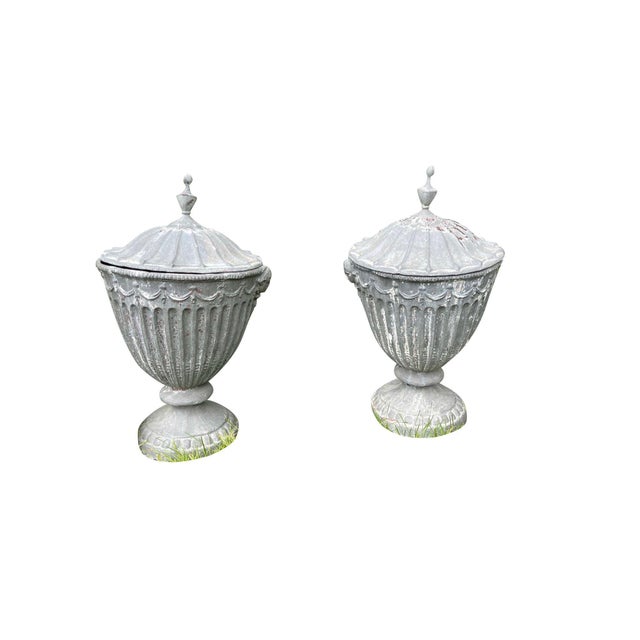 19th Century English Classical Lead Garden Urns with Covers Grey - A Pair For Sale - Image 12 of 18