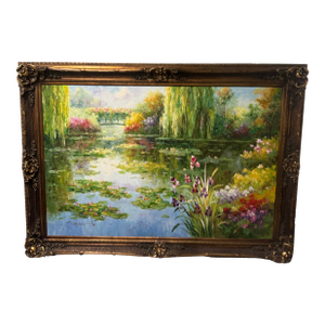 Late 20th Century Large Oil Painting on Canvas With Beautiful Ornate Frame