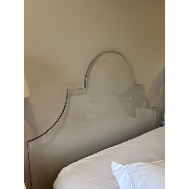 Lucite headboard custom made for a queen bed in mid 2000s. Moroccan style shape adds detail. Excellent condition.