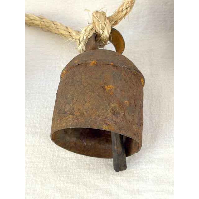 Brown Antique Six Primitive Cow Bells With Wood Clappers on a Rope For Sale - Image 8 of 12